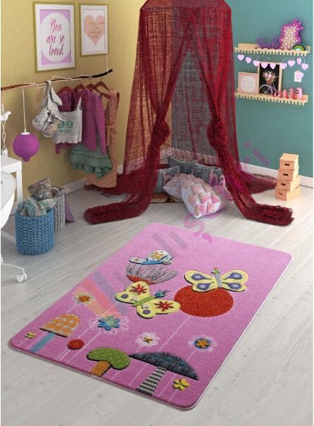Confetti Butterfly Effect Pembe Çocuk Halısı Yumuşak Yıkabilir