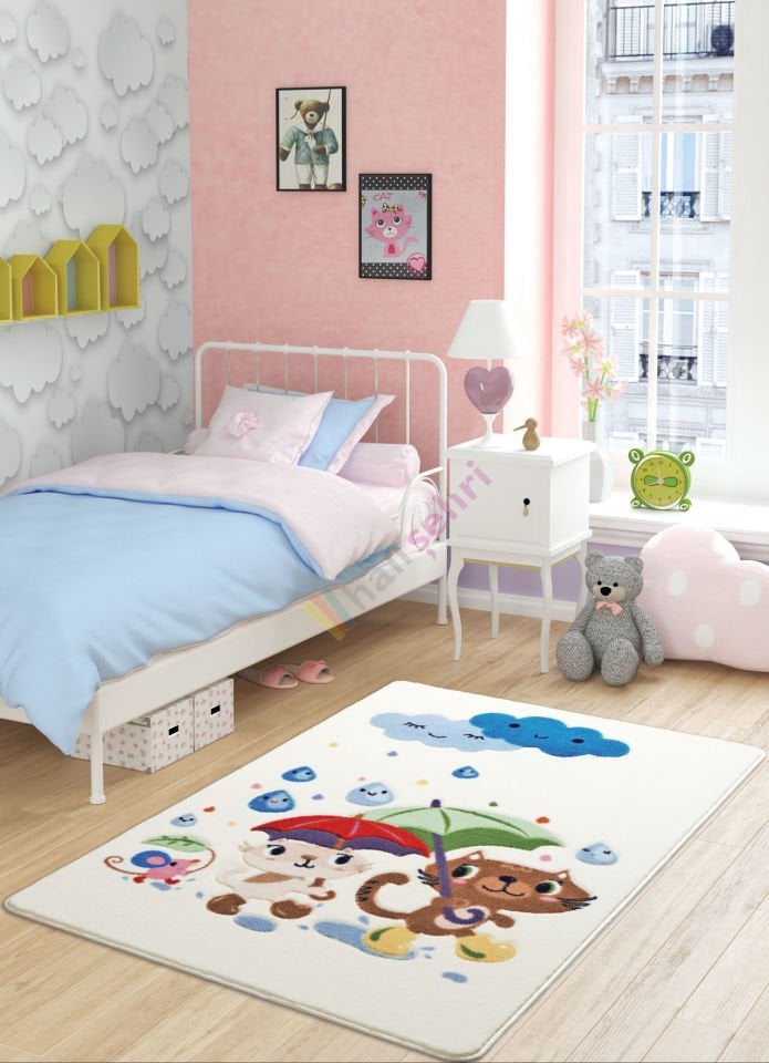 Confetti Rainy Day Beyaz Çocuk Halısı Yumuşak Yıkabilir