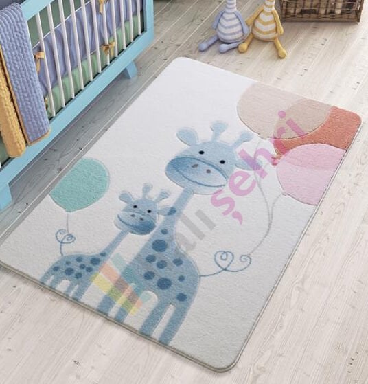 Confetti Happy Giraffe Mavi Çocuk Halısı Yumuşak Yıkabilir